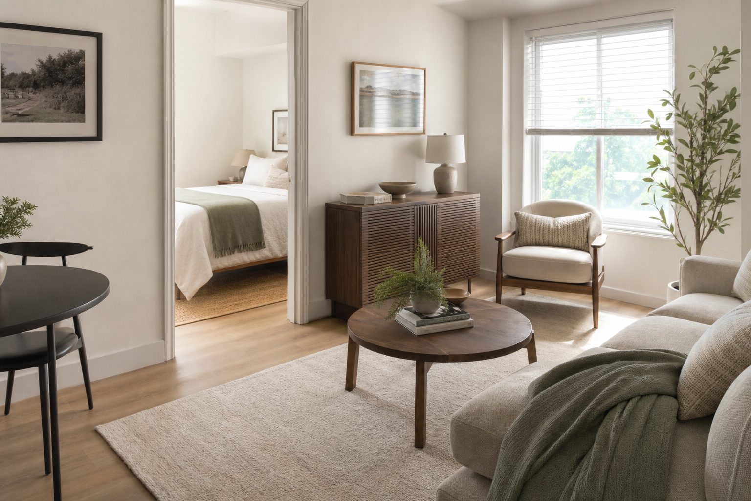 Small one bedroom apartment fully set up on move in day with an armchair and framed pictures