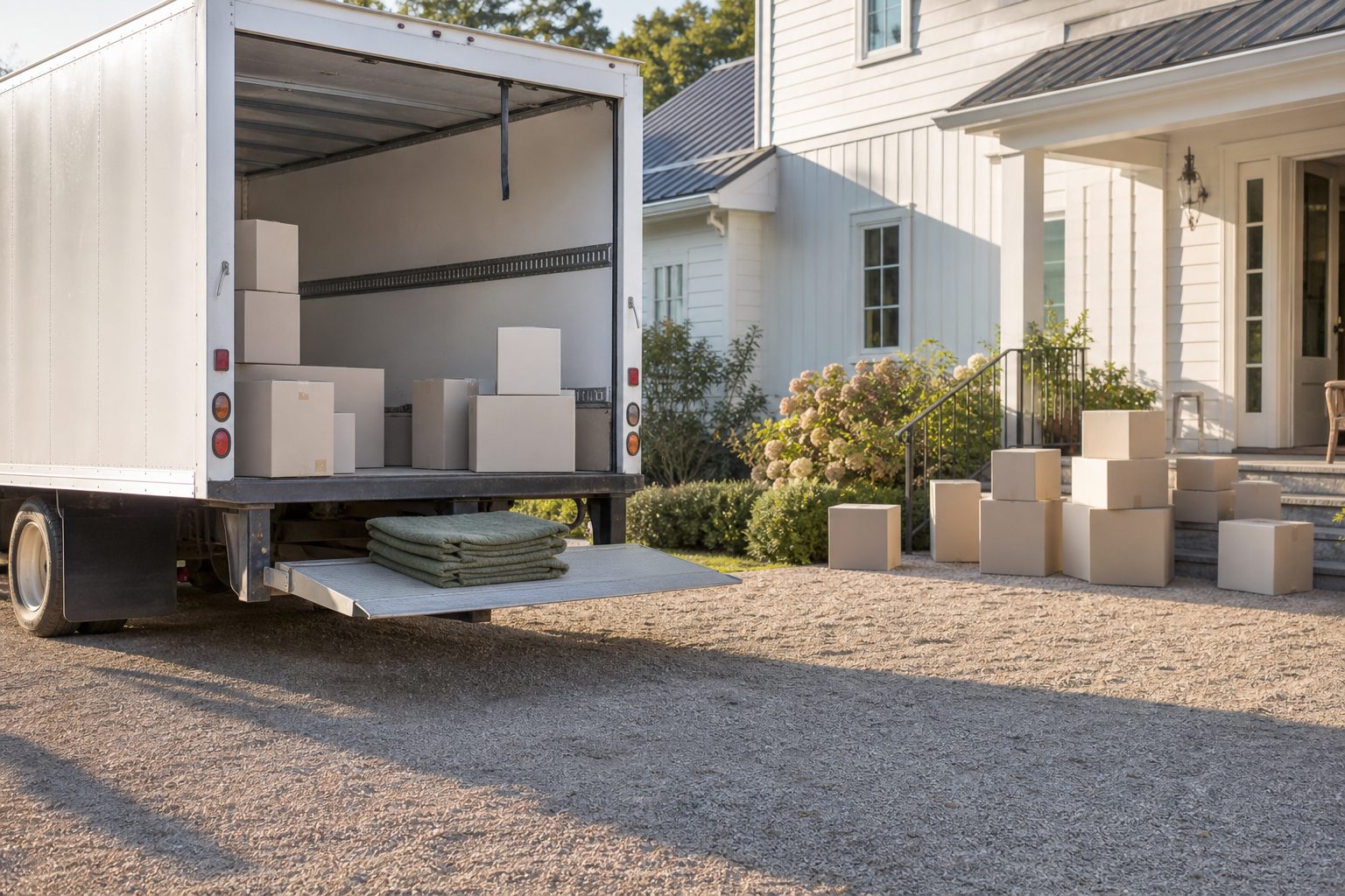Open moving truck ramp with neatly stacked pale boxes in a bright residential driveway