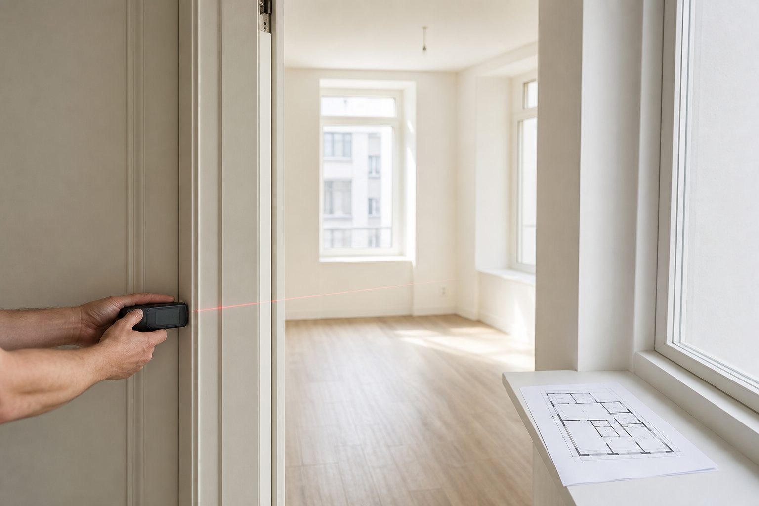 Hands measuring a bright empty apartment doorway with a scaled floor plan resting nearby