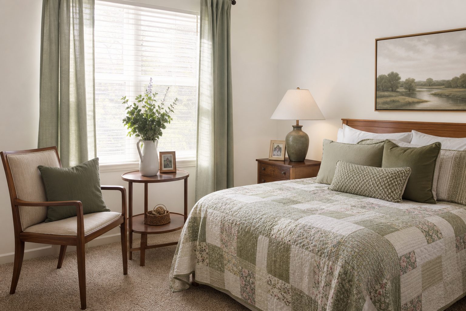 Bright senior living bedroom prepared before arrival with a familiar quilt, lamp, and framed photo