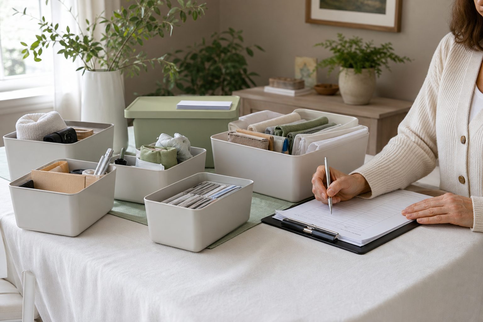 Sorted household items in labeled pale bins beside a signed form on a clipboard at a bright table