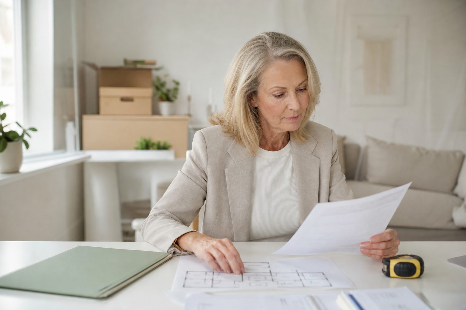 Move manager reviewing a printed estimate next to a paper floor plan and tape measure in bright daylight