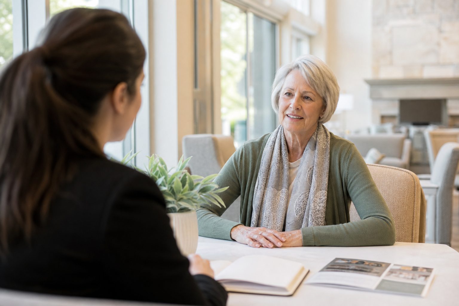 Two professionals talking across a table in a bright senior living community lobby