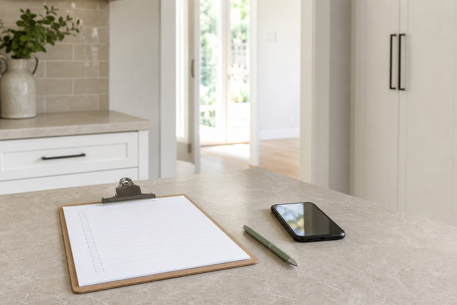 Clipboard checklist and phone on a bright kitchen counter during a home walkthrough