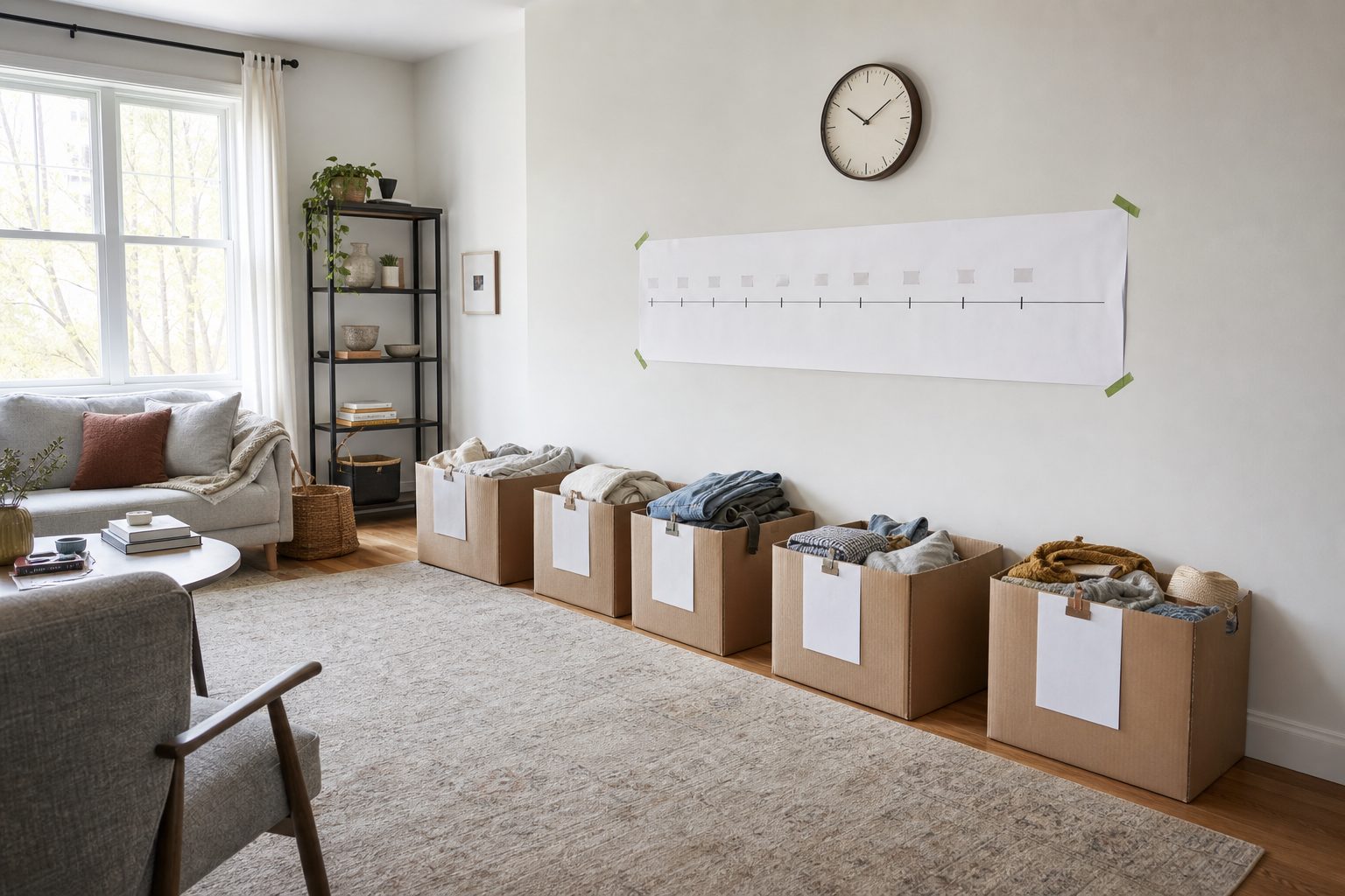 Bright living room mid sort with boxes grouped along one wall and a printed timeline on the wall