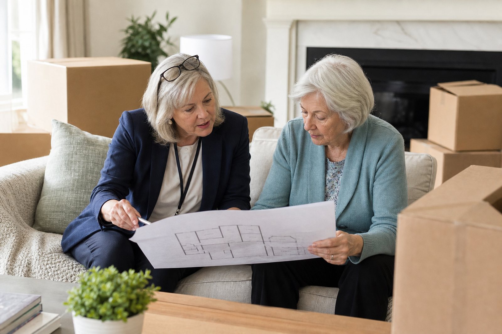 A senior move manager reviewing a printed floor plan with an older woman in a living room surrounded by labeled moving cartons