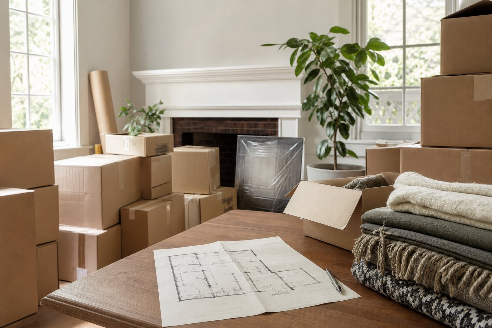 A living room mid move with labeled cartons, a floor plan on the table and folded blankets in warm daylight